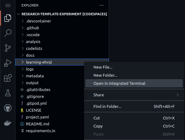 A screenshot showing the "Open in Integrated Terminal" option in the Visual Studio Code File Explorer.