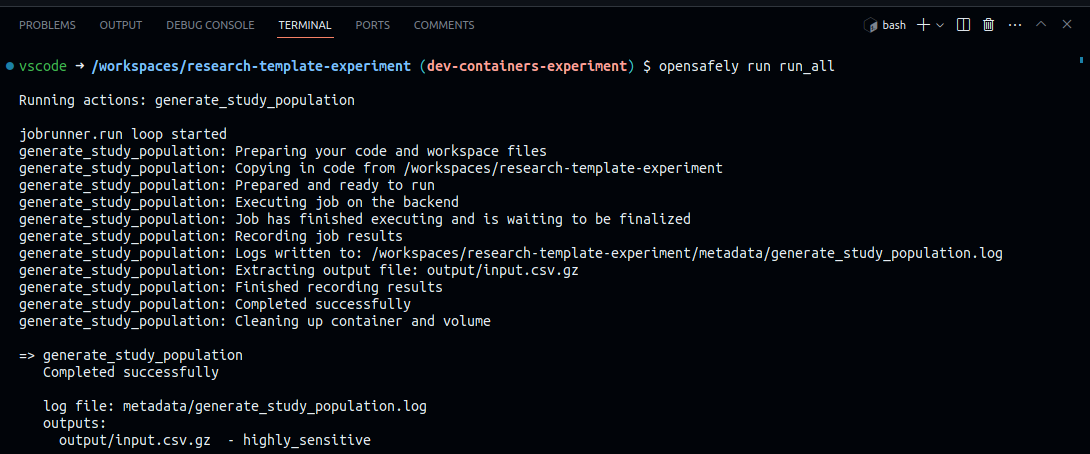 A screenshot showing an example OpenSAFELY project being run in a codespace.