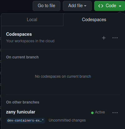 A screenshot showing the Codespaces panel for a code repository.